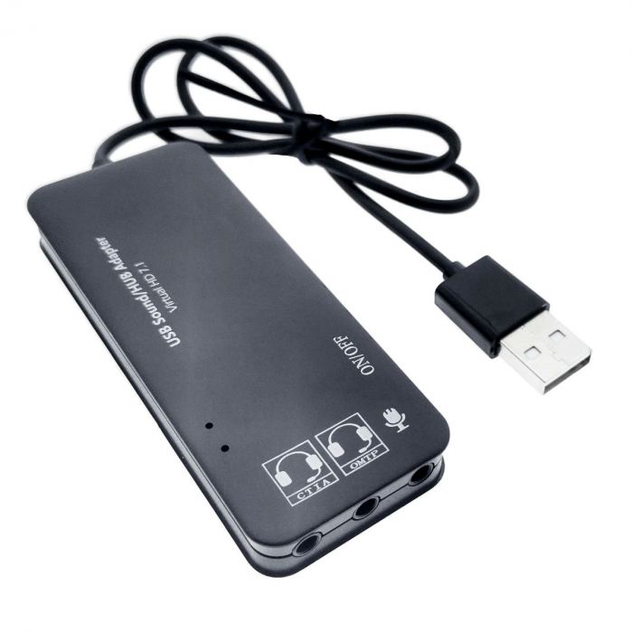 Hub USB si placa de sunet, 2in1, interfata USB 2.0, 3 porturi USB, iesire 3 x jack 3.5mm mama, indicator Led, cu cablu 45 cm, negru [2]