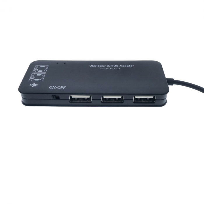Hub USB si placa de sunet, 2in1, interfata USB 2.0, 3 porturi USB, iesire 3 x jack 3.5mm mama, indicator Led, cu cablu 45 cm, negru [4]