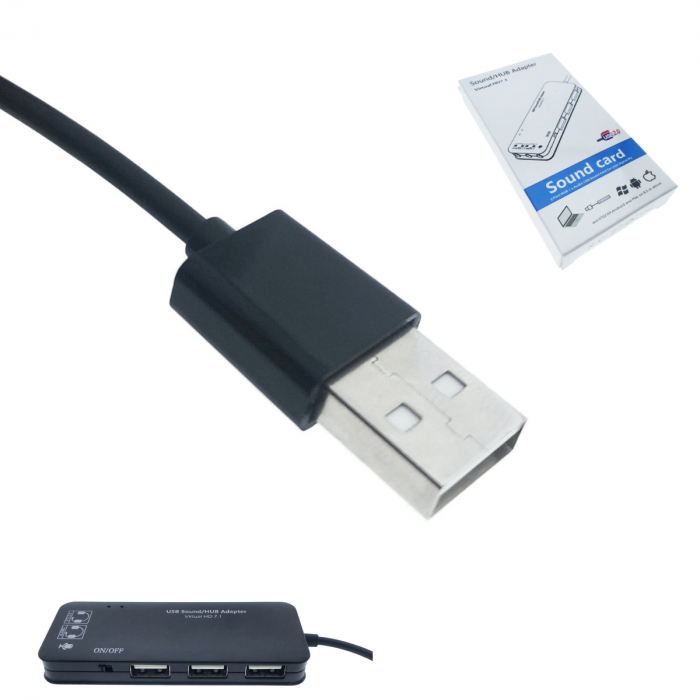 Hub USB si placa de sunet, 2in1, interfata USB 2.0, 3 porturi USB, iesire 3 x jack 3.5mm mama, indicator Led, cu cablu 45 cm, negru [5]