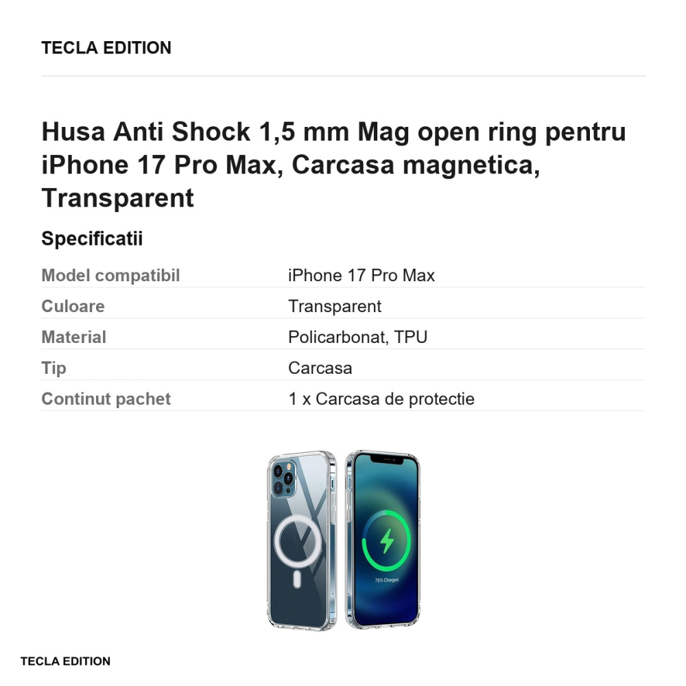 Husa Anti Shock 1,5 mm Mag open ring pentru iPhone 17 Pro Max, Carcasa magnetica, Transparent [3]