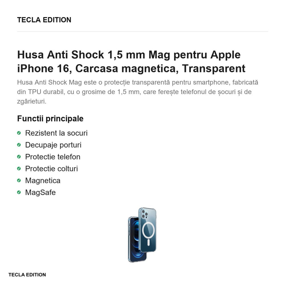 Husa Anti Shock 1,5 mm Mag pentru Apple iPhone 16, Carcasa magnetica, Transparent [2]