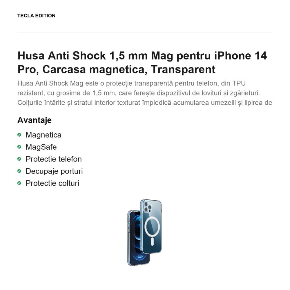 Husa Anti Shock 1,5 mm Mag pentru iPhone 14 Pro, Carcasa magnetica, Transparent [2]
