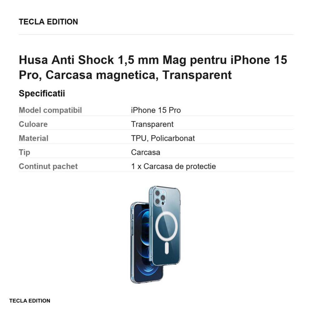Husa Anti Shock 1,5 mm Mag pentru iPhone 15 Pro, Carcasa magnetica, Transparent [3]