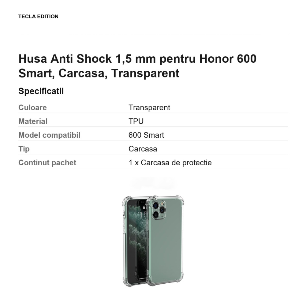Husa Anti Shock 1,5 mm pentru Honor 600 Smart, Carcasa, Transparent [3]
