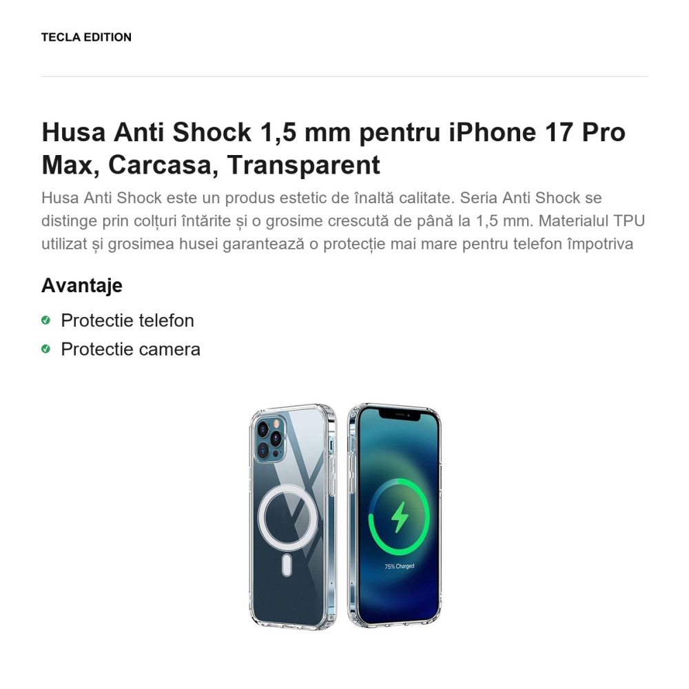 Husa Anti Shock 1,5 mm pentru iPhone 17 Pro Max, Carcasa, Transparent [2]