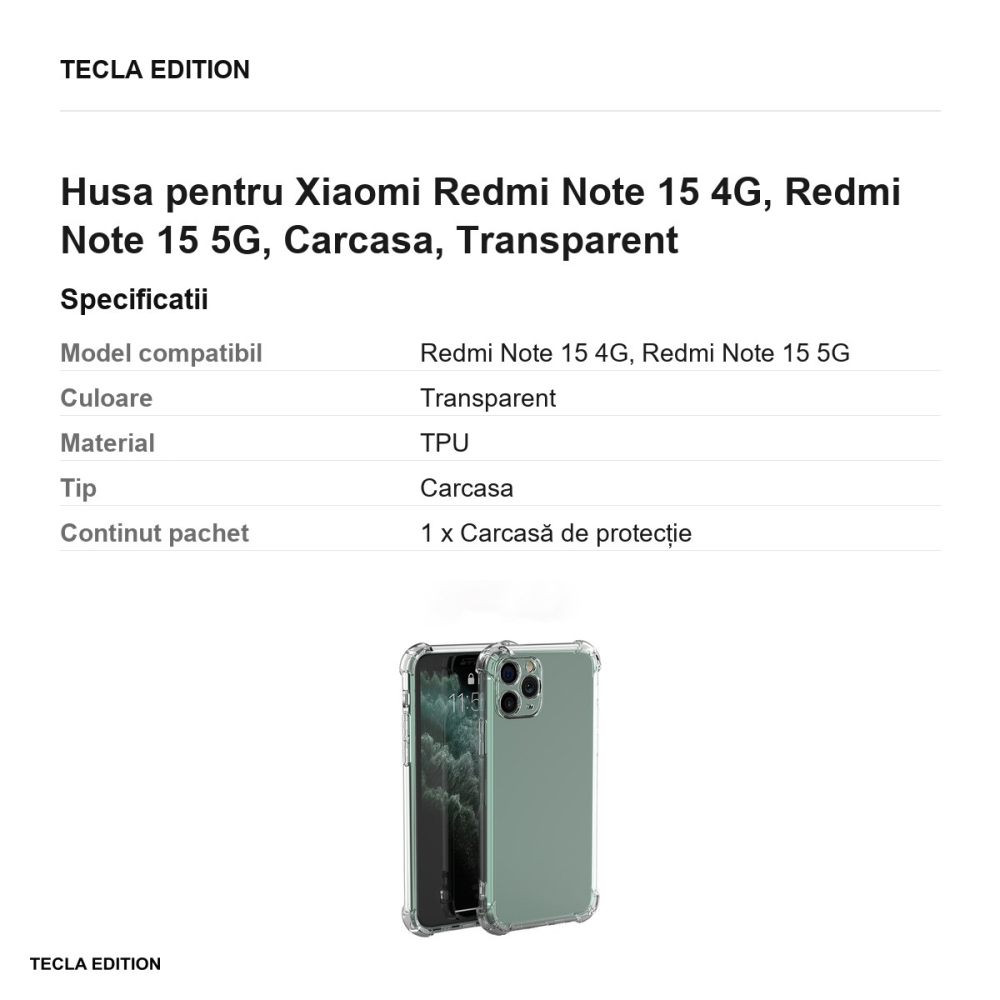 Husa Anti Shock 1,5 mm pentru Xiaomi Redmi Note 15 4G, Redmi Note 15 5G, Carcasa, Transparent [3]