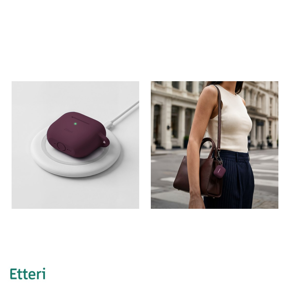 Husa casti Etteri pentru AirPods 4 dark cherry, carabinier pentru prindere, incarcare wireless, silicon, grosime 2 mm, Visiniu [5]