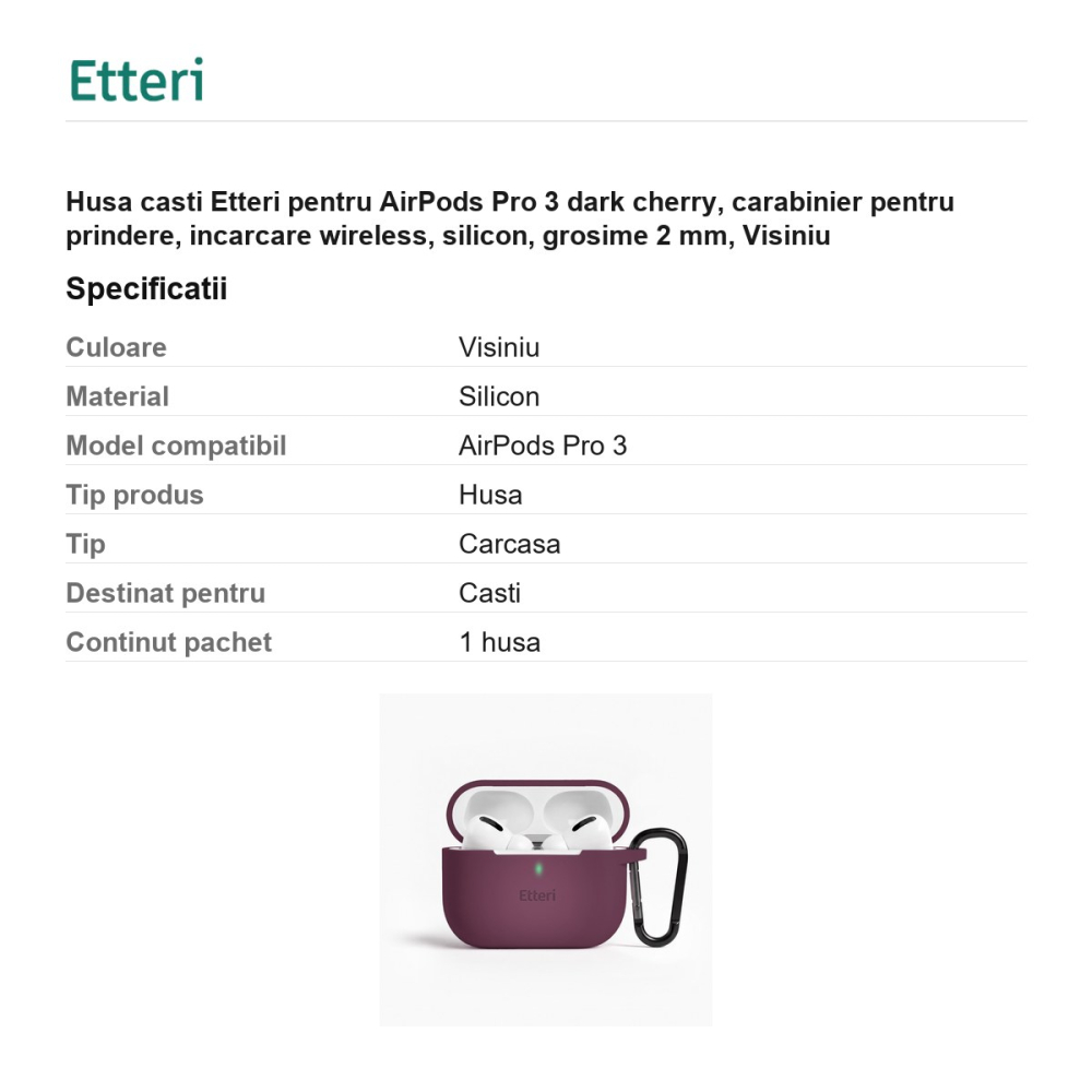 Husa casti Etteri pentru AirPods Pro 3 dark cherry, carabinier pentru prindere, incarcare wireless, silicon, grosime 2 mm, Visiniu [3]