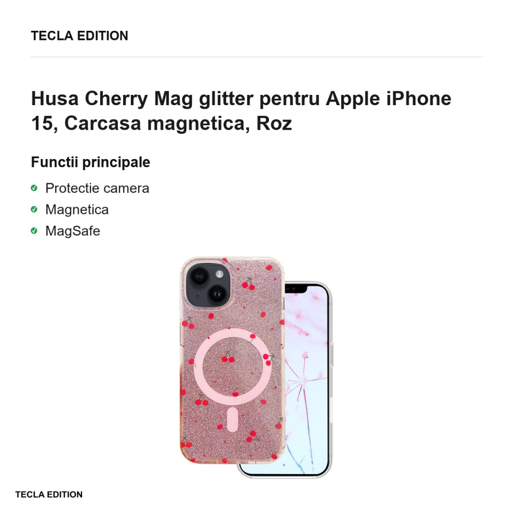 Husa Cherry Mag glitter pentru Apple iPhone 15, Carcasa magnetica, Roz [2]