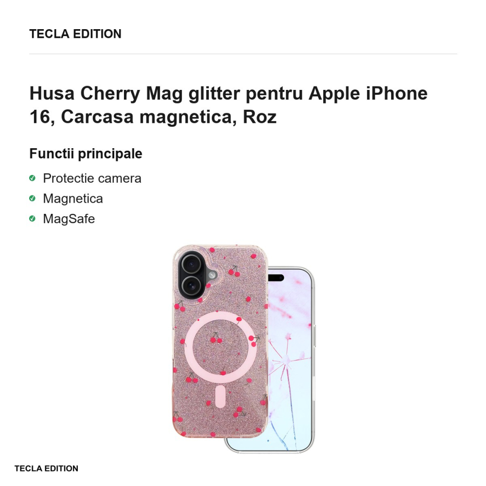 Husa Cherry Mag glitter pentru Apple iPhone 16, Carcasa magnetica, Roz [2]