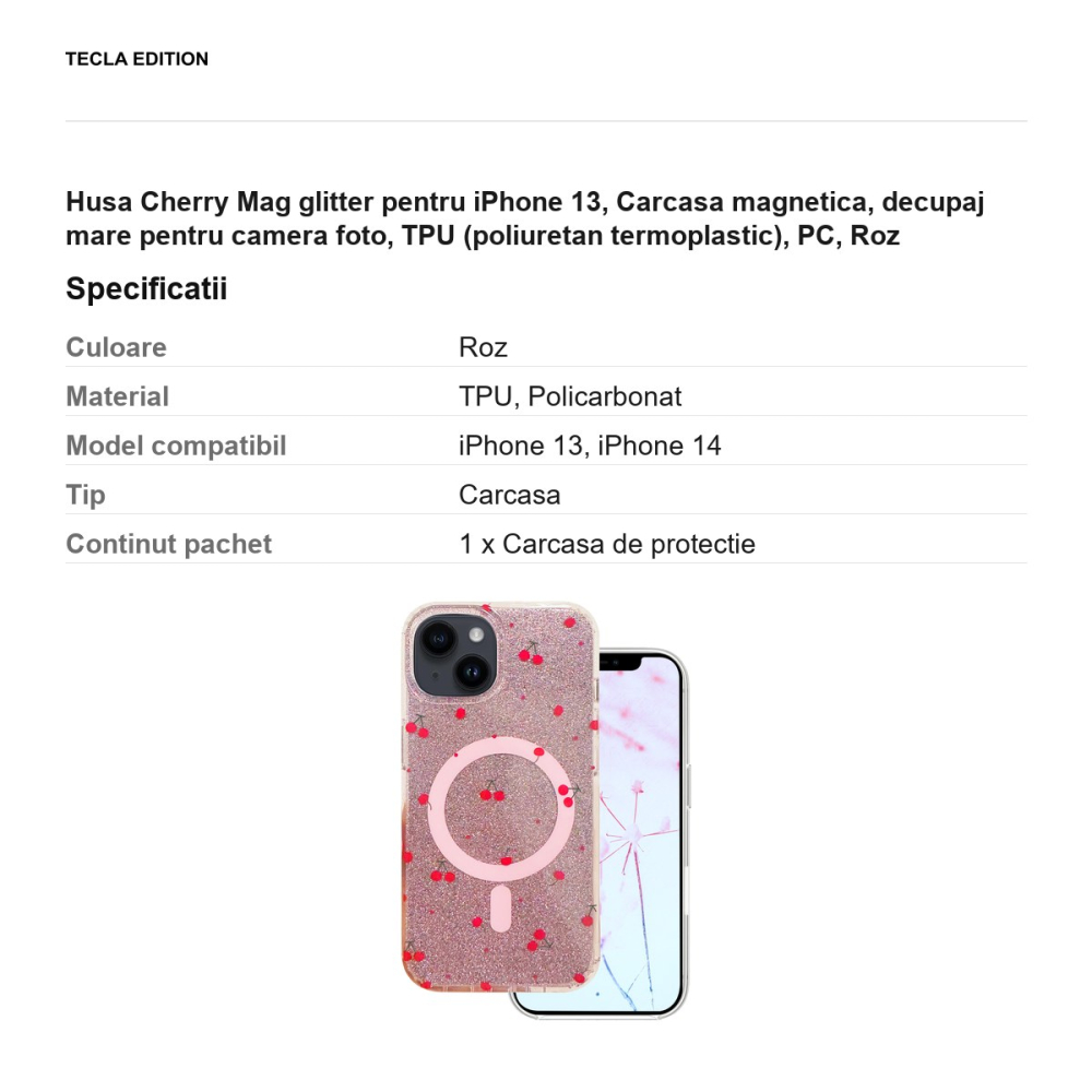 Husa Cherry Mag glitter pentru iPhone 13, Carcasa magnetica, decupaj mare pentru camera foto, TPU (poliuretan termoplastic), PC, Roz [3]