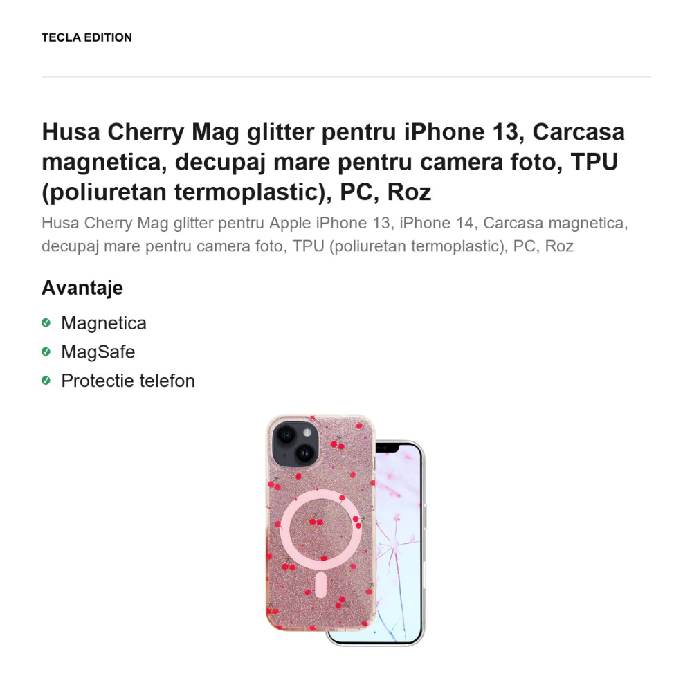 Husa Cherry Mag glitter pentru iPhone 13, Carcasa magnetica, decupaj mare pentru camera foto, TPU (poliuretan termoplastic), PC, Roz [2]