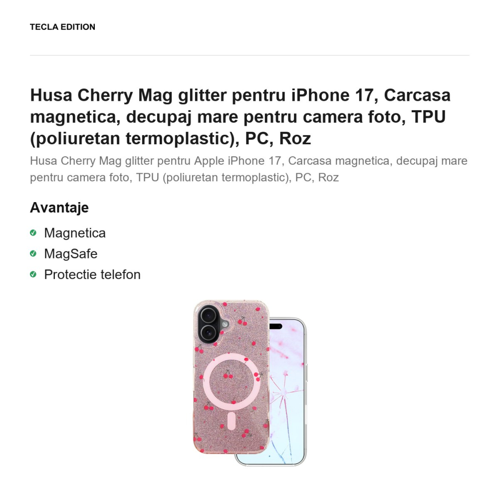 Husa Cherry Mag glitter pentru iPhone 17, Carcasa magnetica, decupaj mare pentru camera foto, TPU (poliuretan termoplastic), PC, Roz [2]