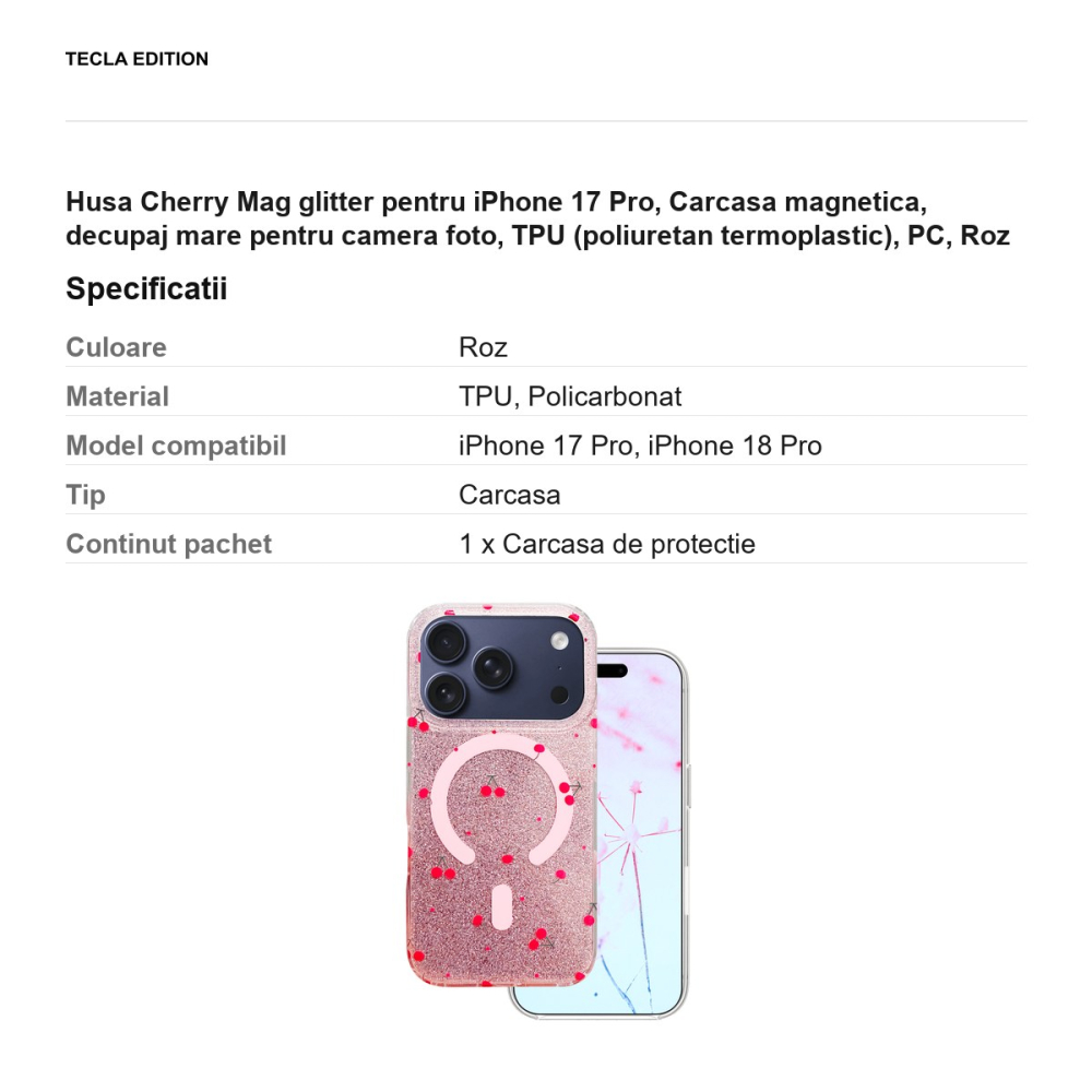 Husa Cherry Mag glitter pentru iPhone 17 Pro, Carcasa magnetica, decupaj mare pentru camera foto, TPU (poliuretan termoplastic), PC, Roz [3]