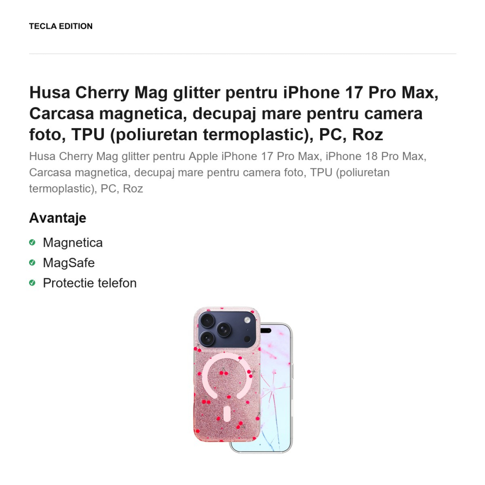 Husa Cherry Mag glitter pentru iPhone 17 Pro Max, Carcasa magnetica, decupaj mare pentru camera foto, TPU (poliuretan termoplastic), PC, Roz [2]