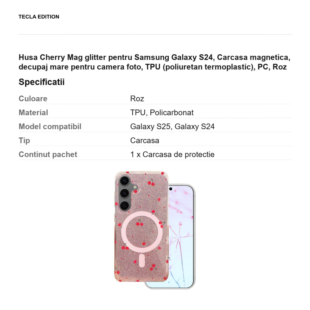 Husa Cherry Mag glitter pentru Samsung Galaxy S24, Carcasa magnetica, decupaj mare pentru camera foto, TPU (poliuretan termoplastic), PC, Roz [3]