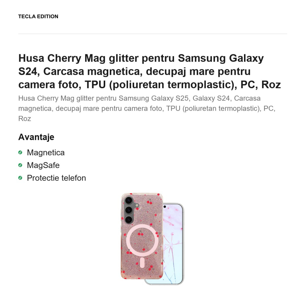Husa Cherry Mag glitter pentru Samsung Galaxy S24, Carcasa magnetica, decupaj mare pentru camera foto, TPU (poliuretan termoplastic), PC, Roz [2]