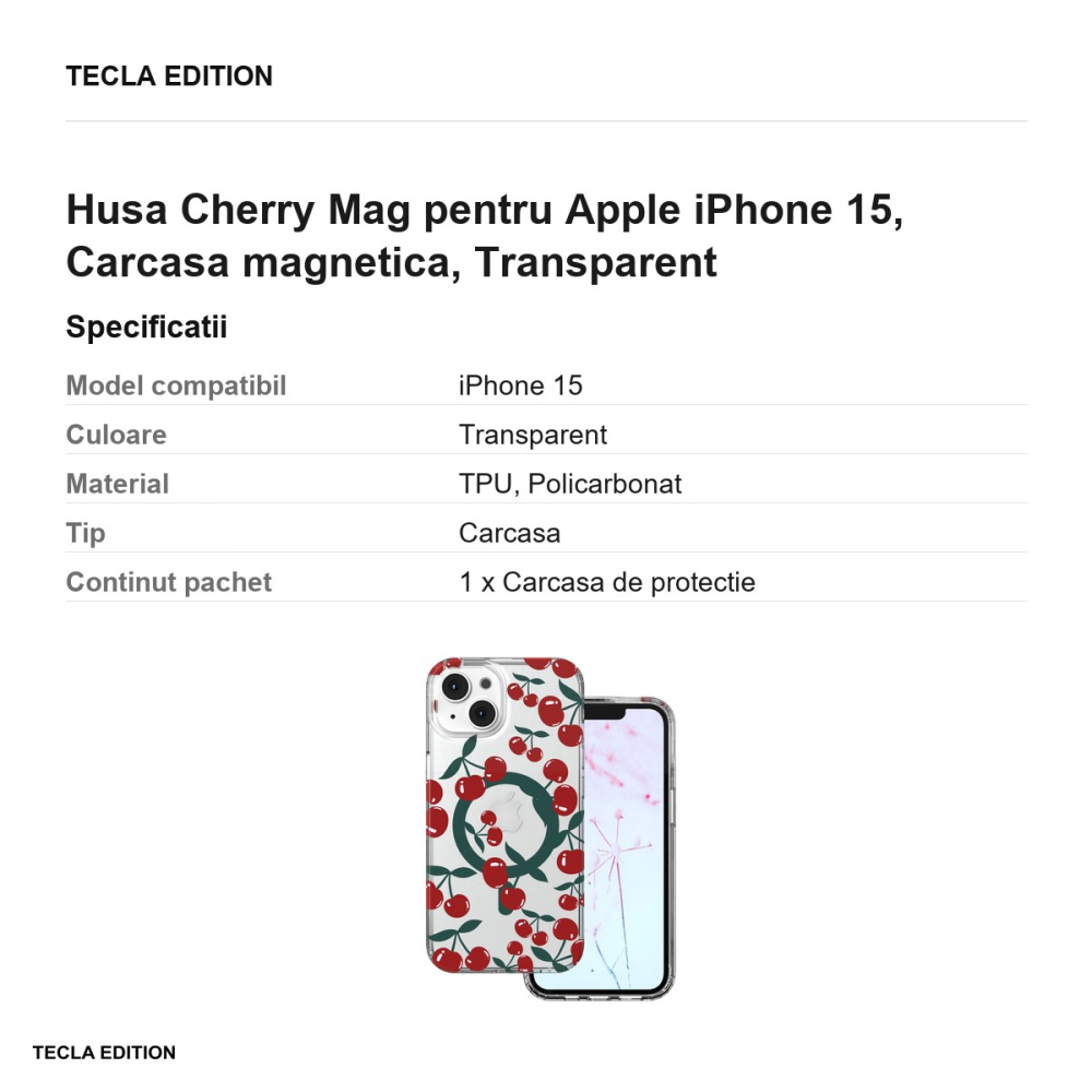 Husa Cherry Mag pentru Apple iPhone 15, Carcasa magnetica, Transparent [3]