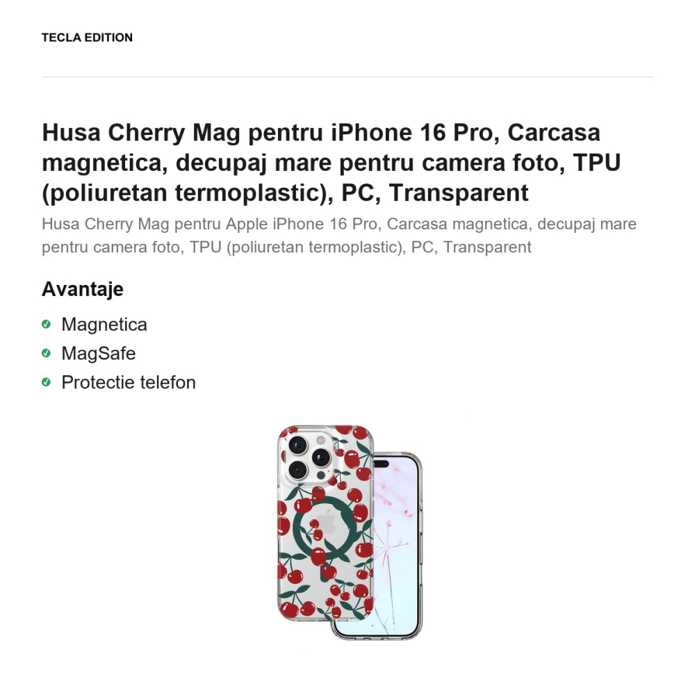Husa Cherry Mag pentru iPhone 16 Pro, Carcasa magnetica, decupaj mare pentru camera foto, TPU (poliuretan termoplastic), PC, Transparent [2]
