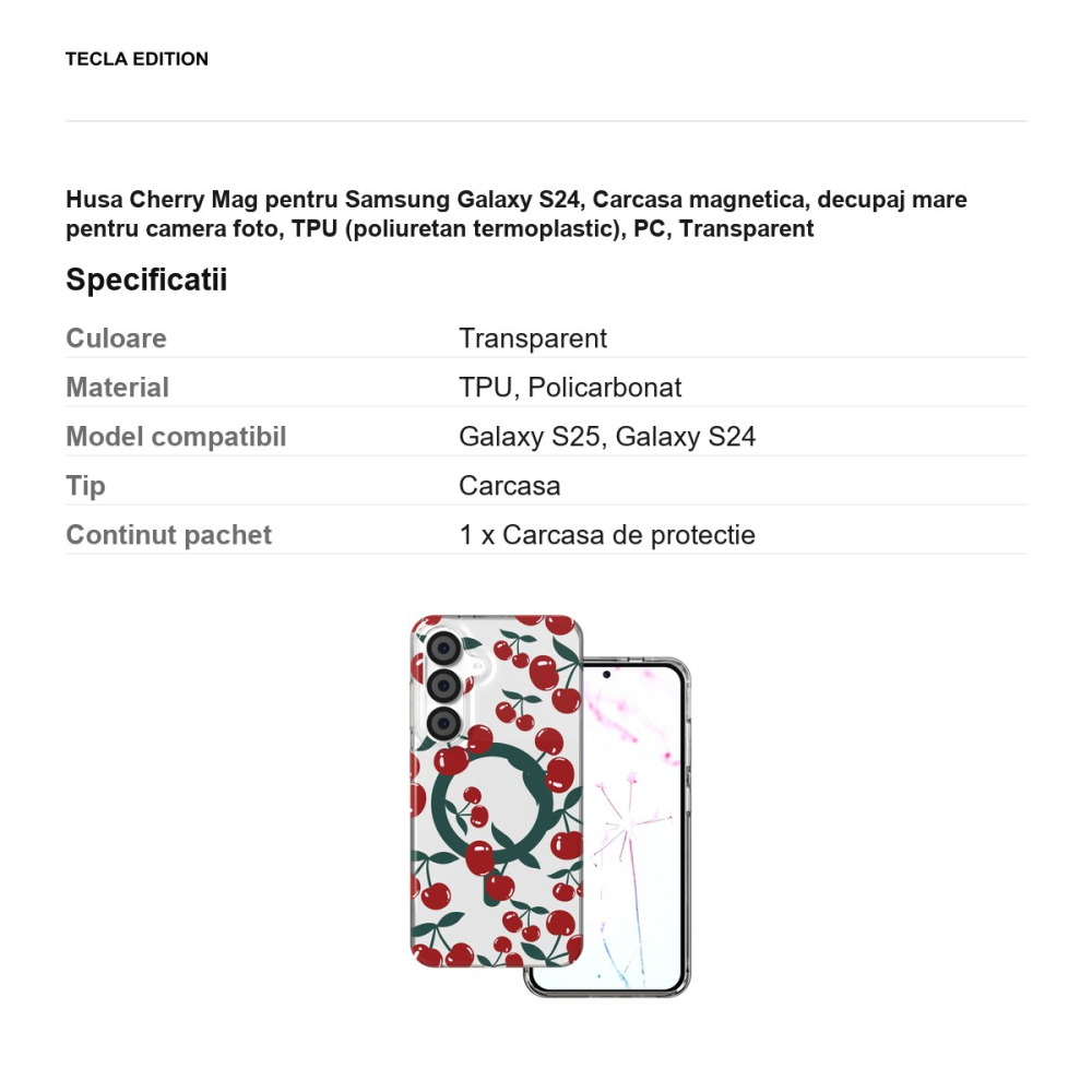 Husa Cherry Mag pentru Samsung Galaxy S24, Carcasa magnetica, decupaj mare pentru camera foto, TPU (poliuretan termoplastic), PC, Transparent [3]
