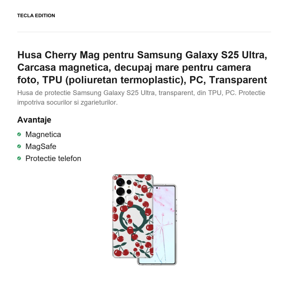 Husa Cherry Mag pentru Samsung Galaxy S25 Ultra, Carcasa magnetica, decupaj mare pentru camera foto, TPU (poliuretan termoplastic), PC, Transparent [2]