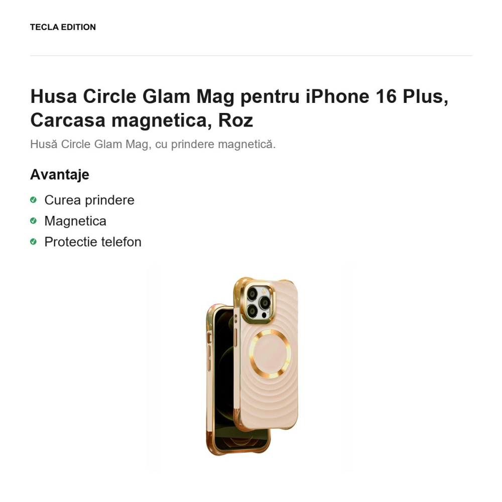 Husa Circle Glam Mag pentru iPhone 16 Plus, Carcasa magnetica, Roz [2]