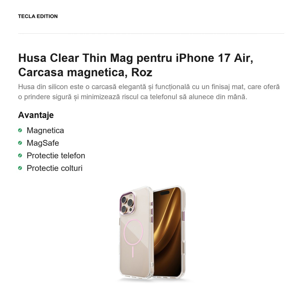 Husa Clear Thin Mag pentru iPhone 17 Air, Carcasa magnetica, Roz [2]