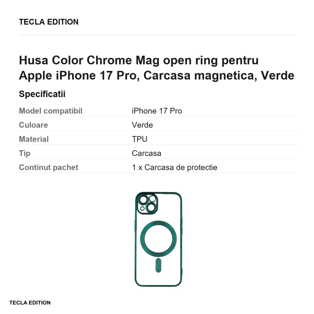Husa Color Chrome Mag open ring pentru Apple iPhone 17 Pro, Carcasa magnetica, Verde [3]