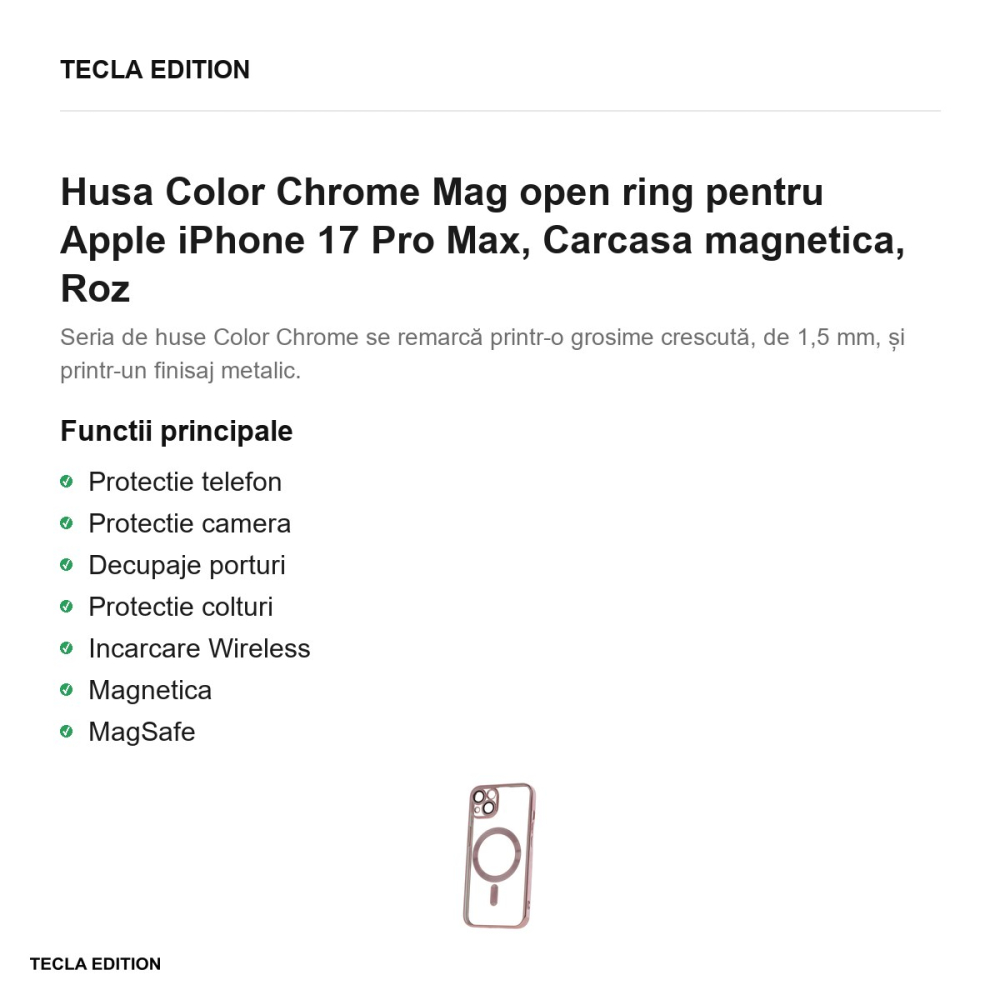 Husa Color Chrome Mag open ring pentru Apple iPhone 17 Pro Max, Carcasa magnetica, Roz [2]