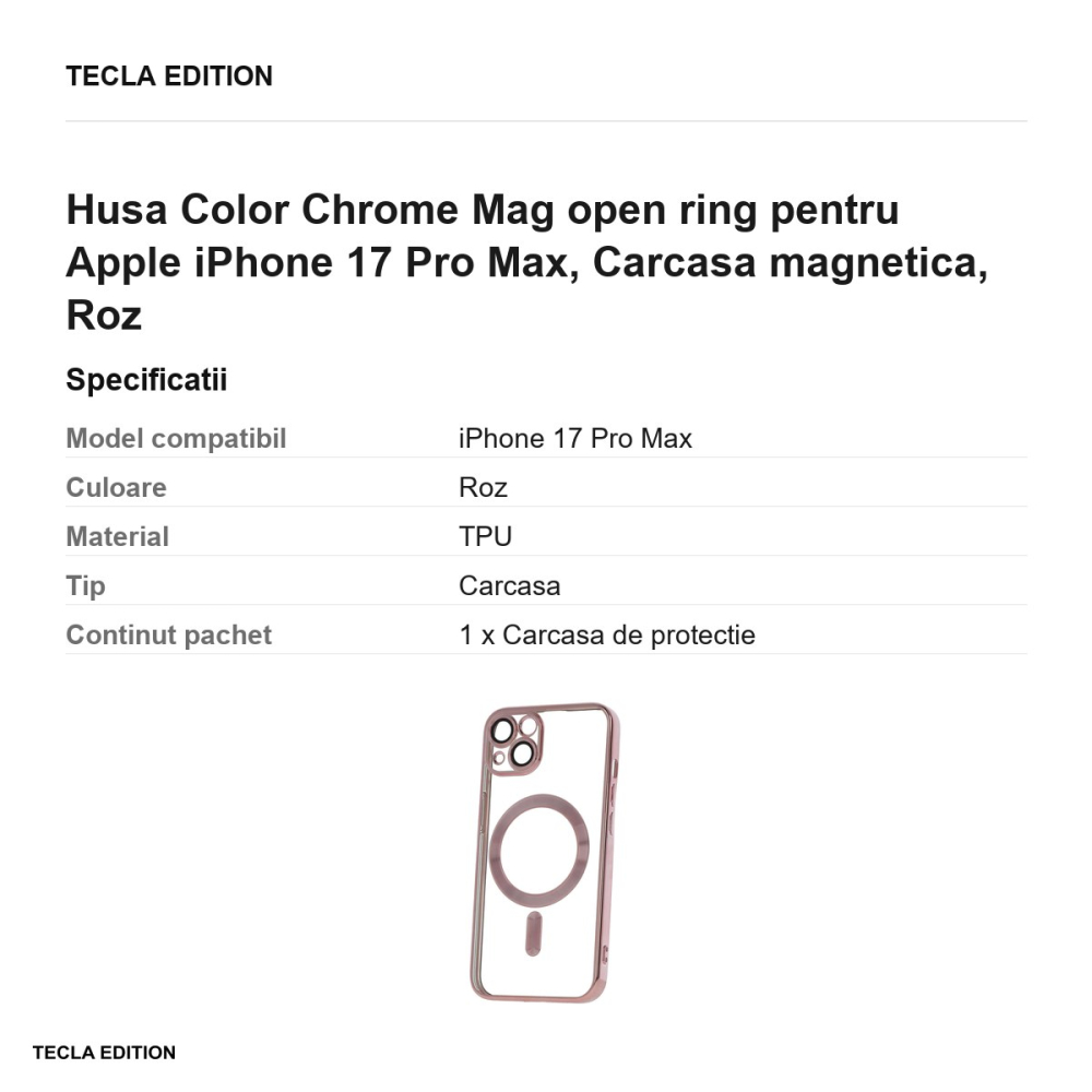 Husa Color Chrome Mag open ring pentru Apple iPhone 17 Pro Max, Carcasa magnetica, Roz [3]