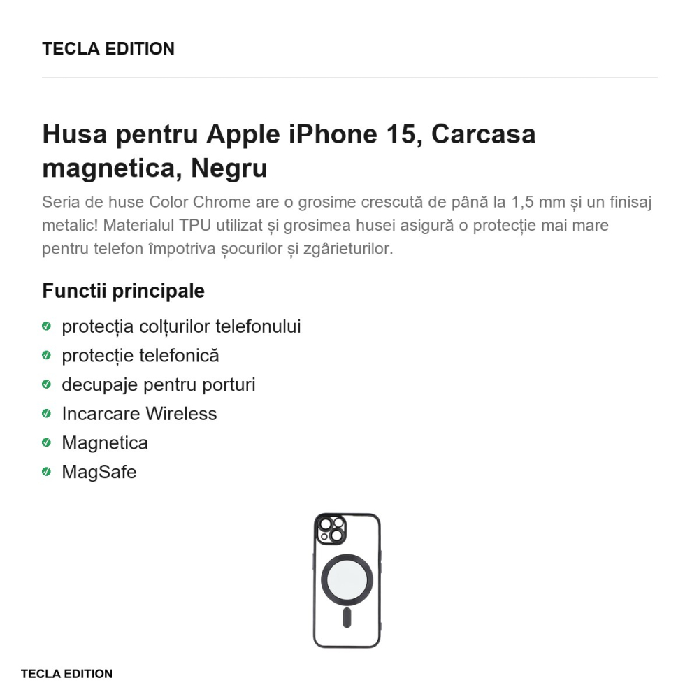 Husa Color Chrome Mag pentru Apple iPhone 15, Carcasa magnetica, Negru [2]