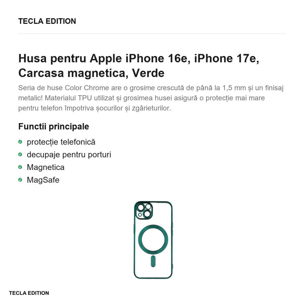 Husa Color Chrome Mag pentru Apple iPhone 16e, iPhone 17e, Carcasa magnetica, Verde [2]