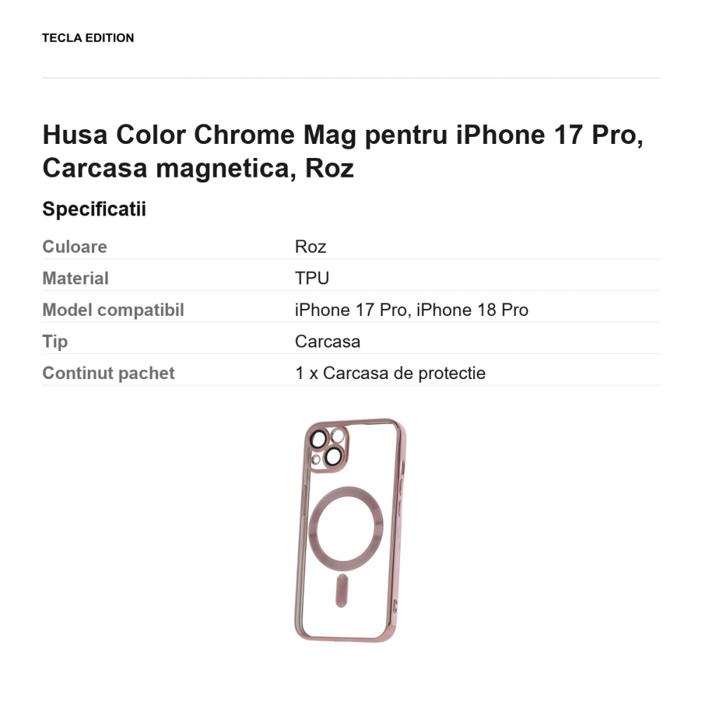 Husa Color Chrome Mag pentru iPhone 17 Pro, Carcasa magnetica, Roz [3]