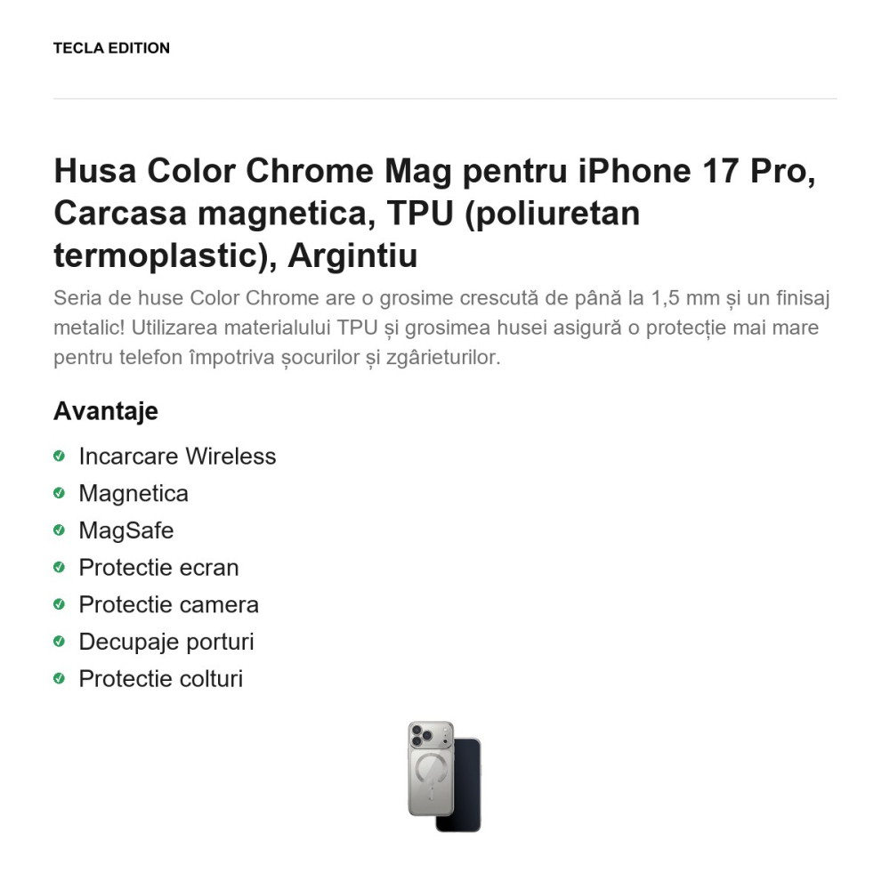 Husa Color Chrome Mag pentru iPhone 17 Pro, Carcasa magnetica, TPU (poliuretan termoplastic), Argintiu [2]