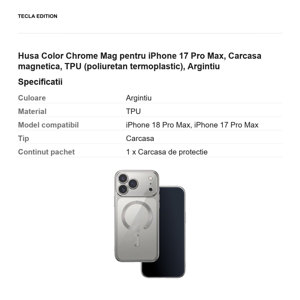 Husa Color Chrome Mag pentru iPhone 17 Pro Max, Carcasa magnetica, TPU (poliuretan termoplastic), Argintiu [3]