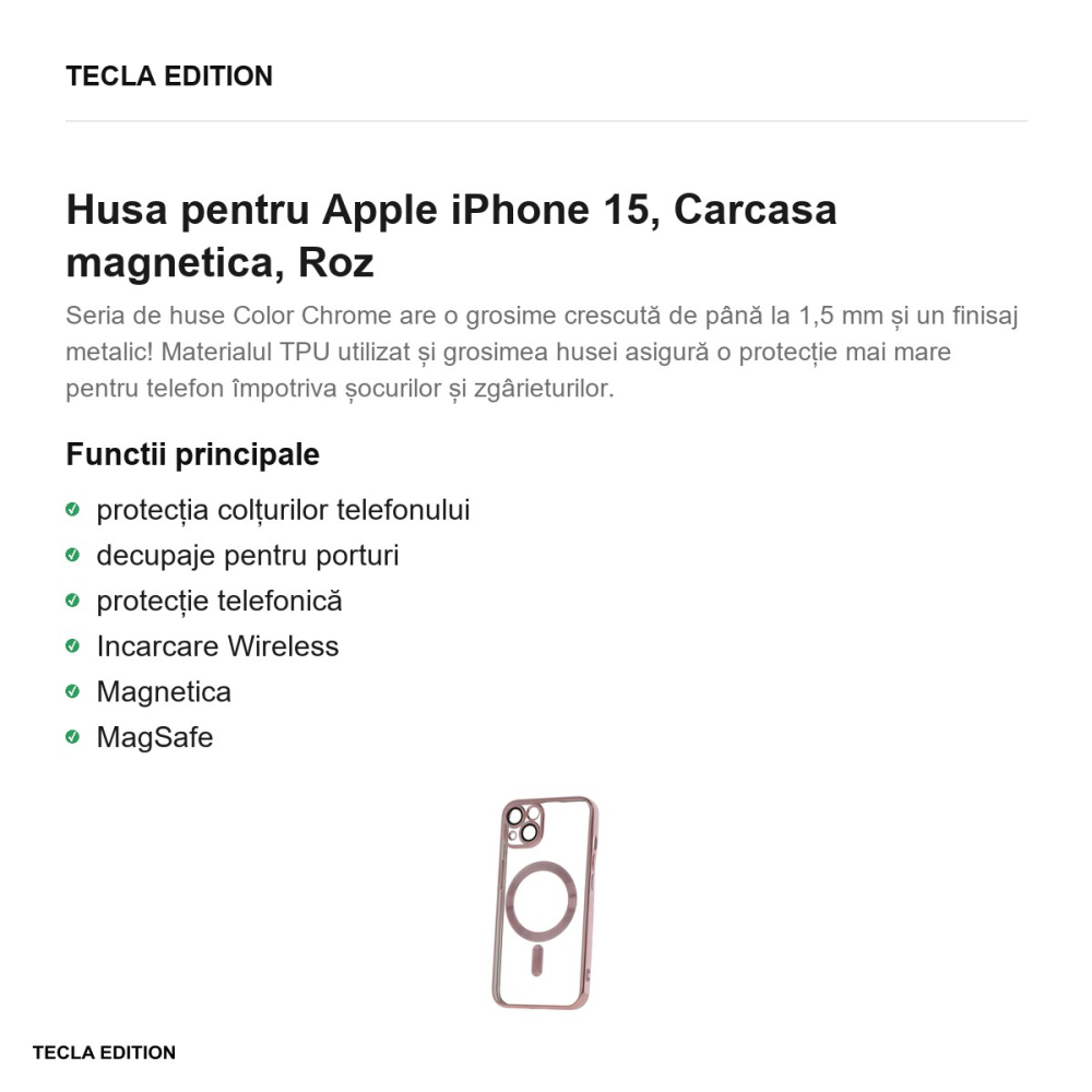 Husa Color Chrome Mag rose pentru Apple iPhone 15, Carcasa magnetica, Roz [2]