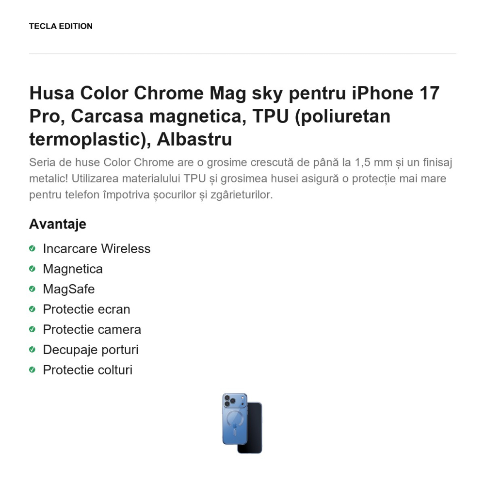 Husa Color Chrome Mag sky pentru iPhone 17 Pro, Carcasa magnetica, TPU (poliuretan termoplastic), Albastru [2]
