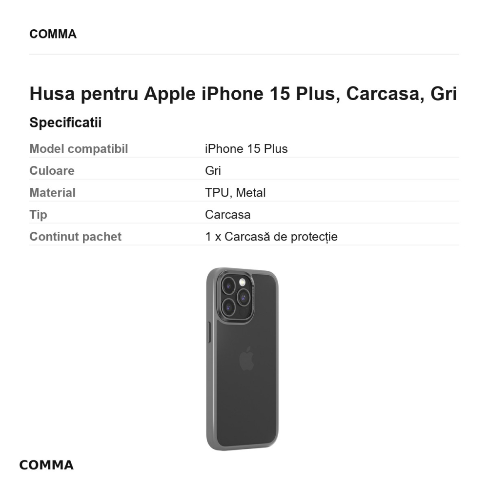 Husa Comma Joy Elegant pentru Apple iPhone 15 Plus, Carcasa, Gri [3]