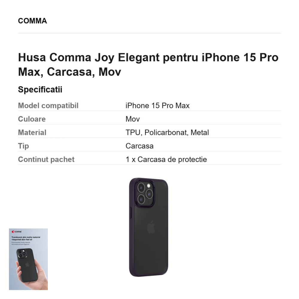 Husa Comma Joy Elegant pentru iPhone 15 Pro Max, Carcasa, Mov [3]
