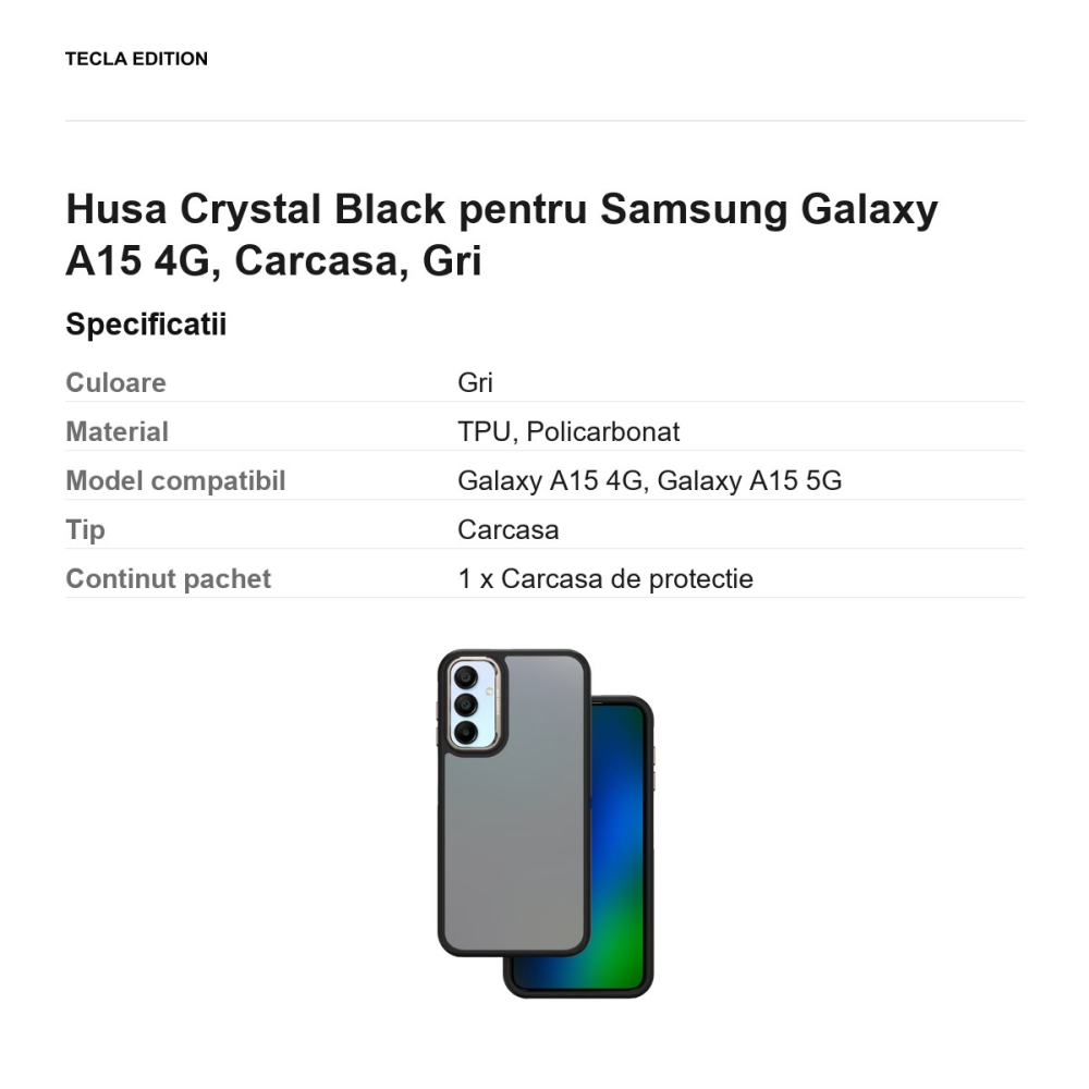 Husa Crystal Black pentru Samsung Galaxy A15 4G, Carcasa, Gri [3]