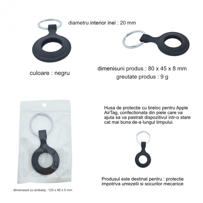 Husa cu breloc, pentru protectie Apple AirTag 87744, din piele ecologica, neagra [6]