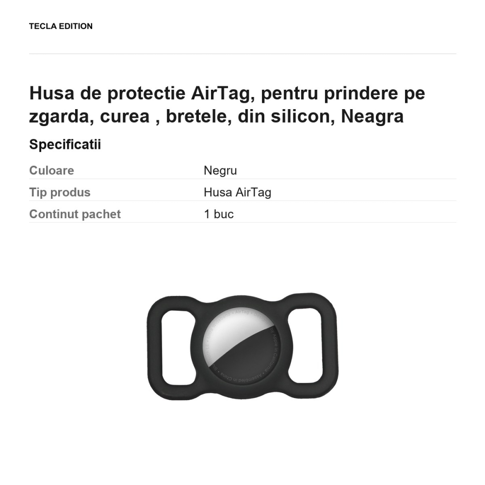 Husa de protectie AirTag, pentru prindere pe zgarda, curea , bretele, din silicon, Neagra [3]