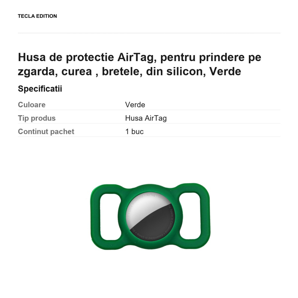 Husa de protectie AirTag, pentru prindere pe zgarda, curea , bretele, din silicon, Verde [3]