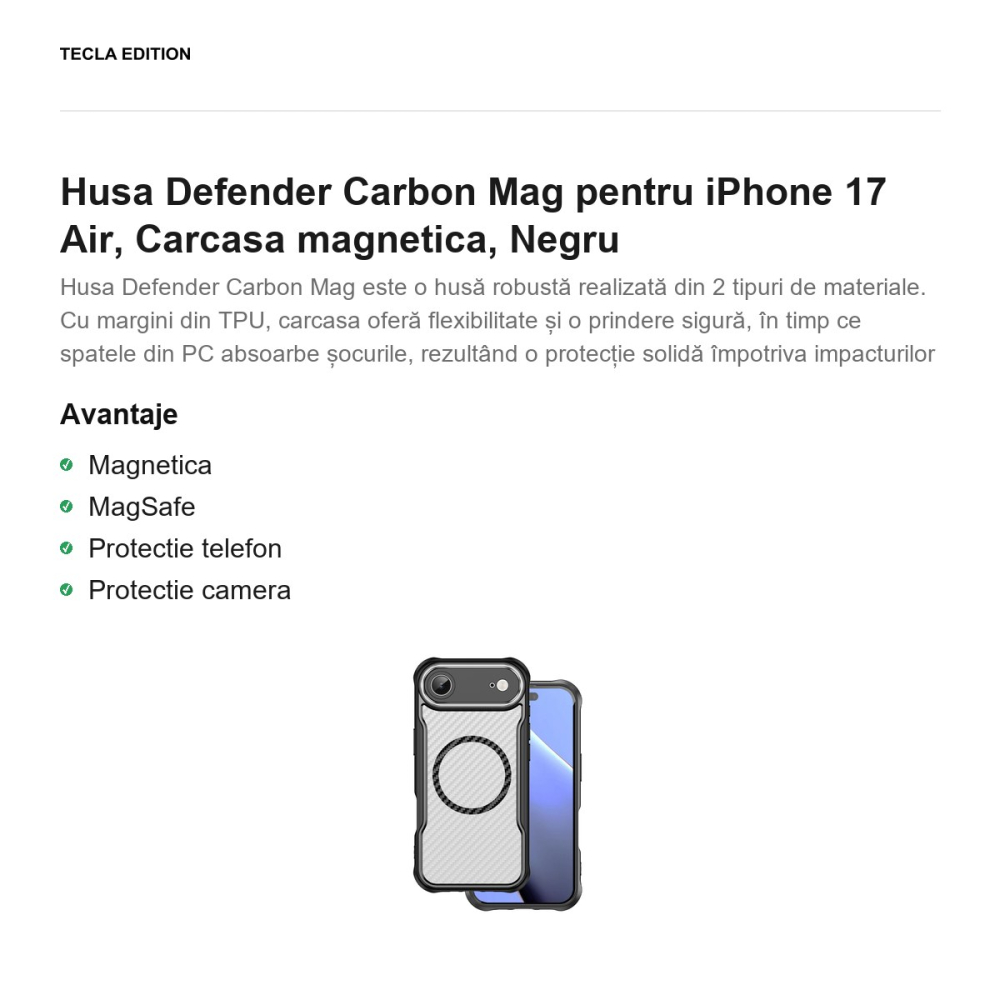 Husa Defender Carbon Mag pentru iPhone 17 Air, Carcasa magnetica, Negru [2]