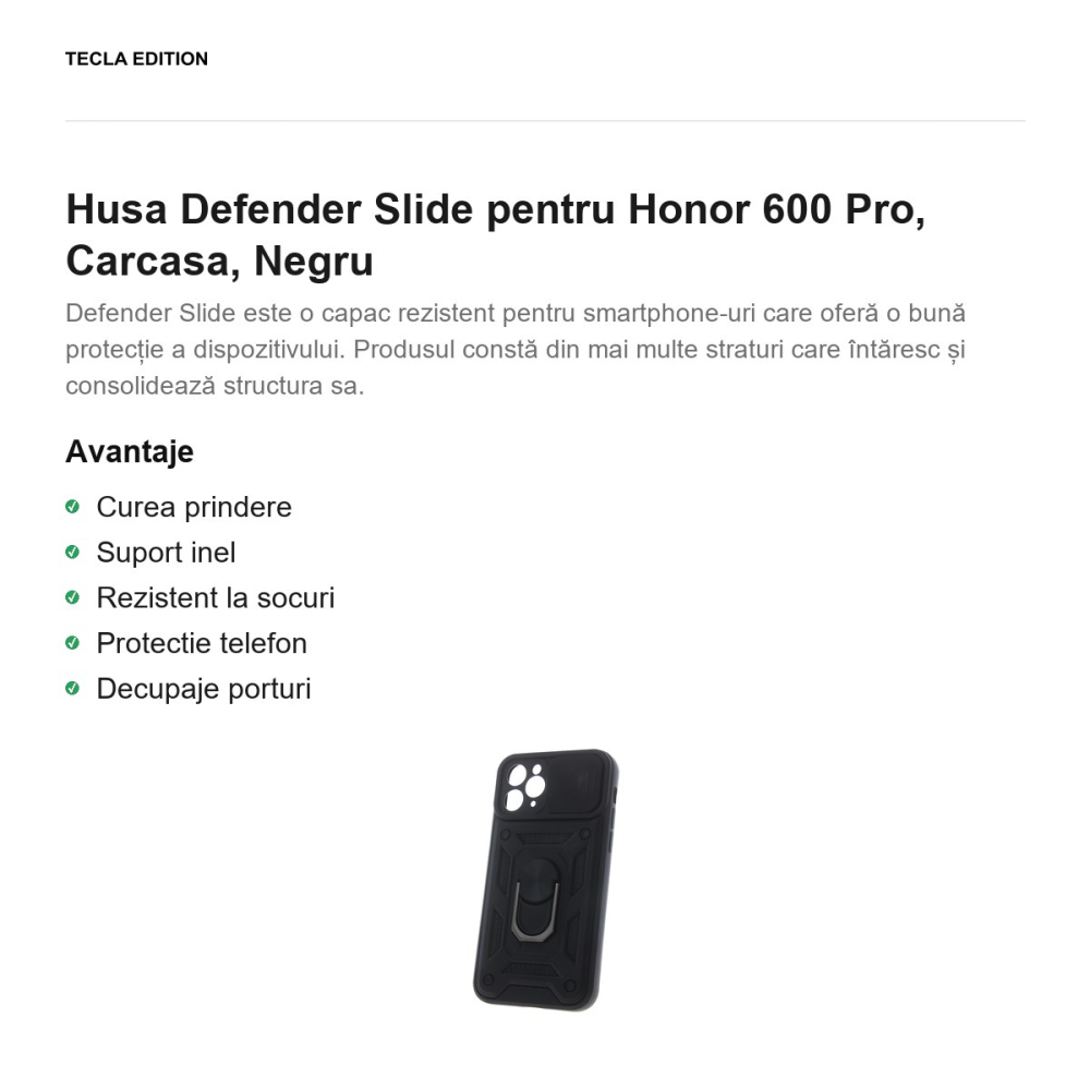 Husa Defender Slide pentru Honor 600 Pro, Carcasa, Negru [2]