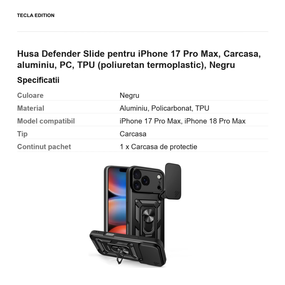 Husa Defender Slide pentru iPhone 17 Pro Max, Carcasa, aluminiu, PC, TPU (poliuretan termoplastic), Negru [3]
