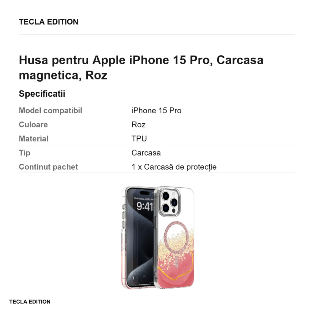 Husa Epoxy Mag pentru Apple iPhone 15 Pro, Carcasa magnetica, Roz [3]