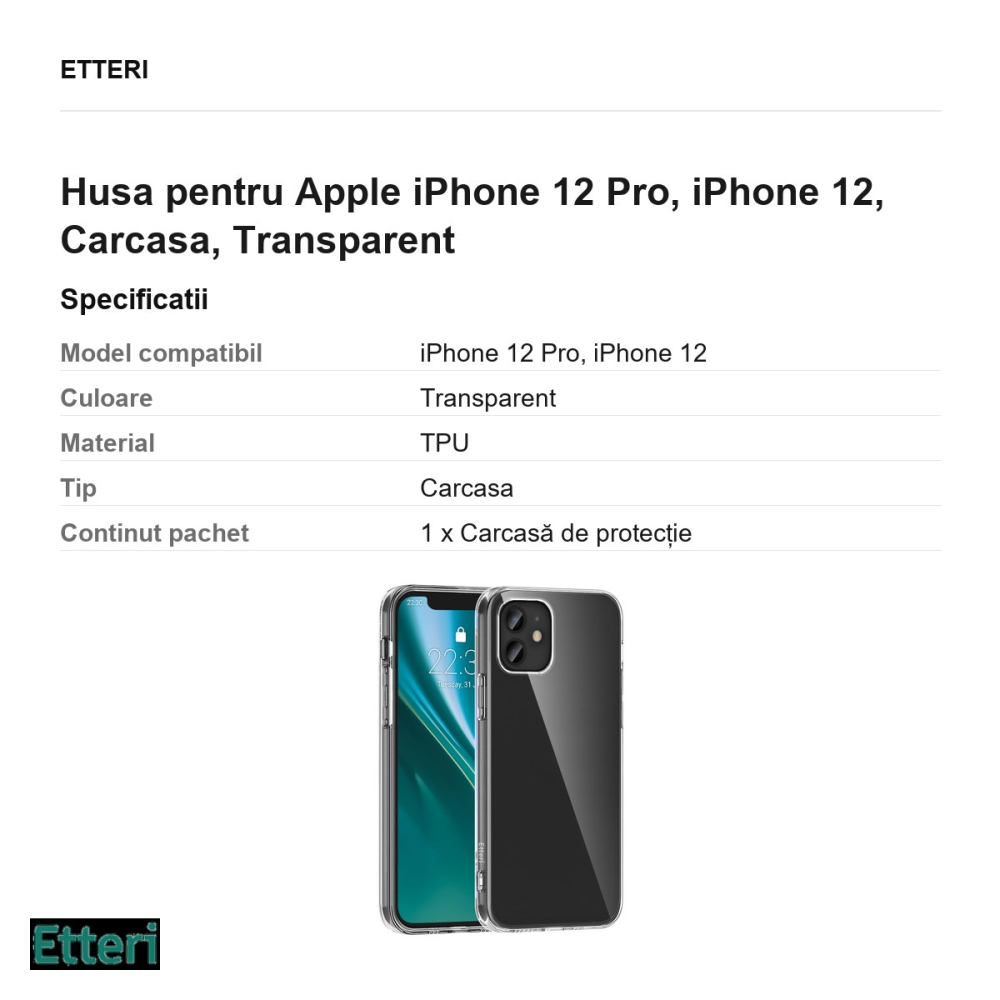 Husa Etteri Clear pentru Apple iPhone 12 Pro, iPhone 12, Carcasa, Transparent [3]