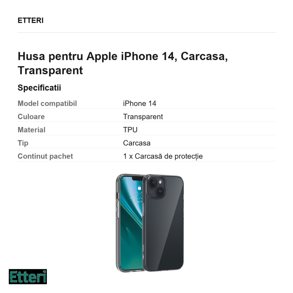 Husa Etteri Clear pentru Apple iPhone 14, Carcasa, Transparent [3]