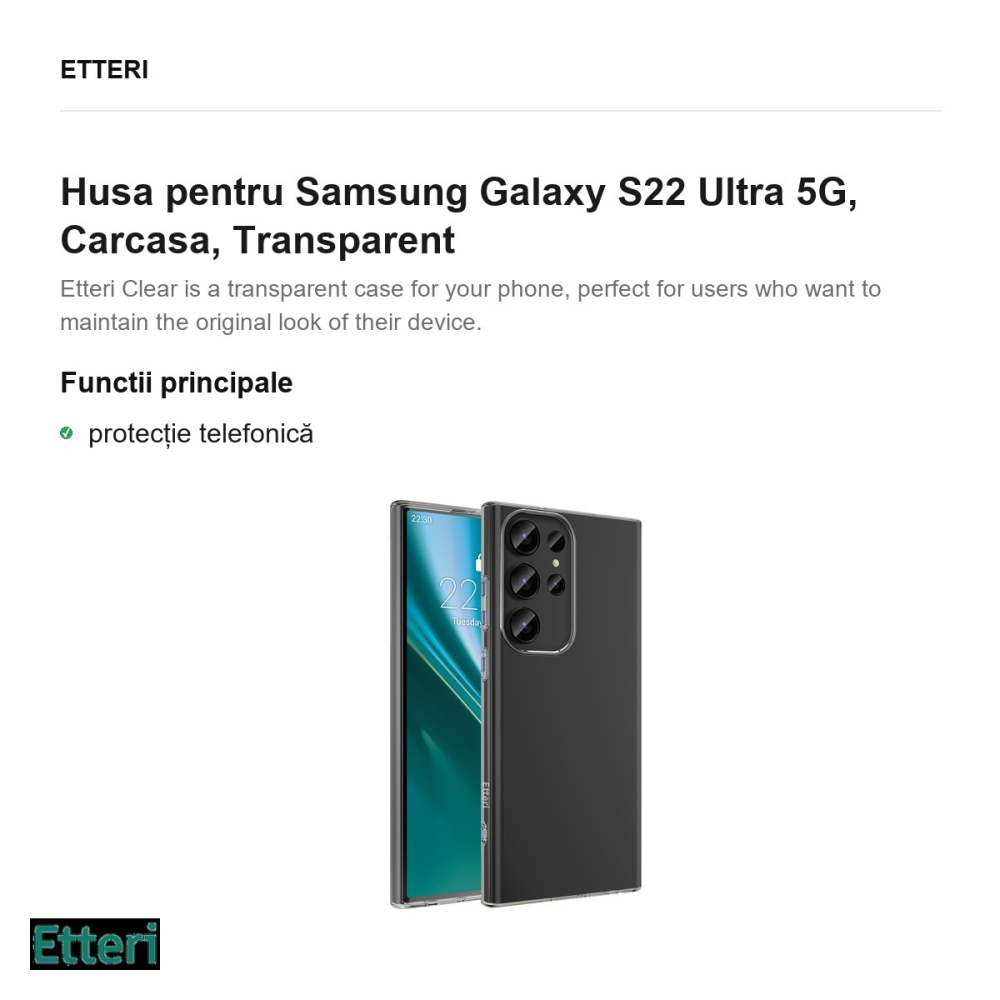 Husa Etteri Clear pentru Samsung Galaxy S22 Ultra 5G, Carcasa, Transparent [2]
